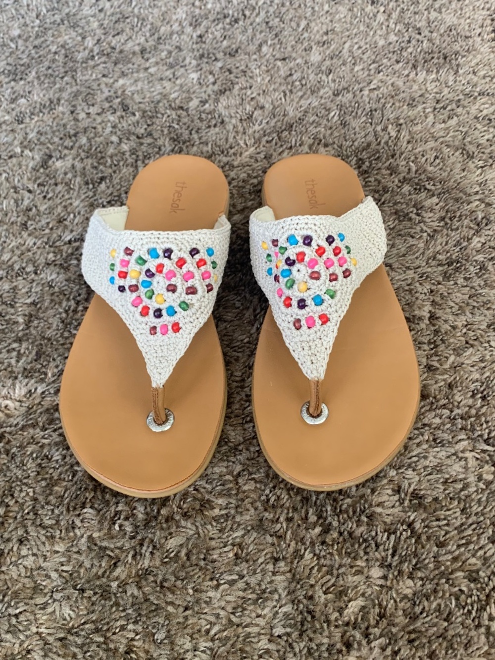 The SAK Shana Thong Sandals Beige Crochet Bead accents Boho Slip On Sz.11